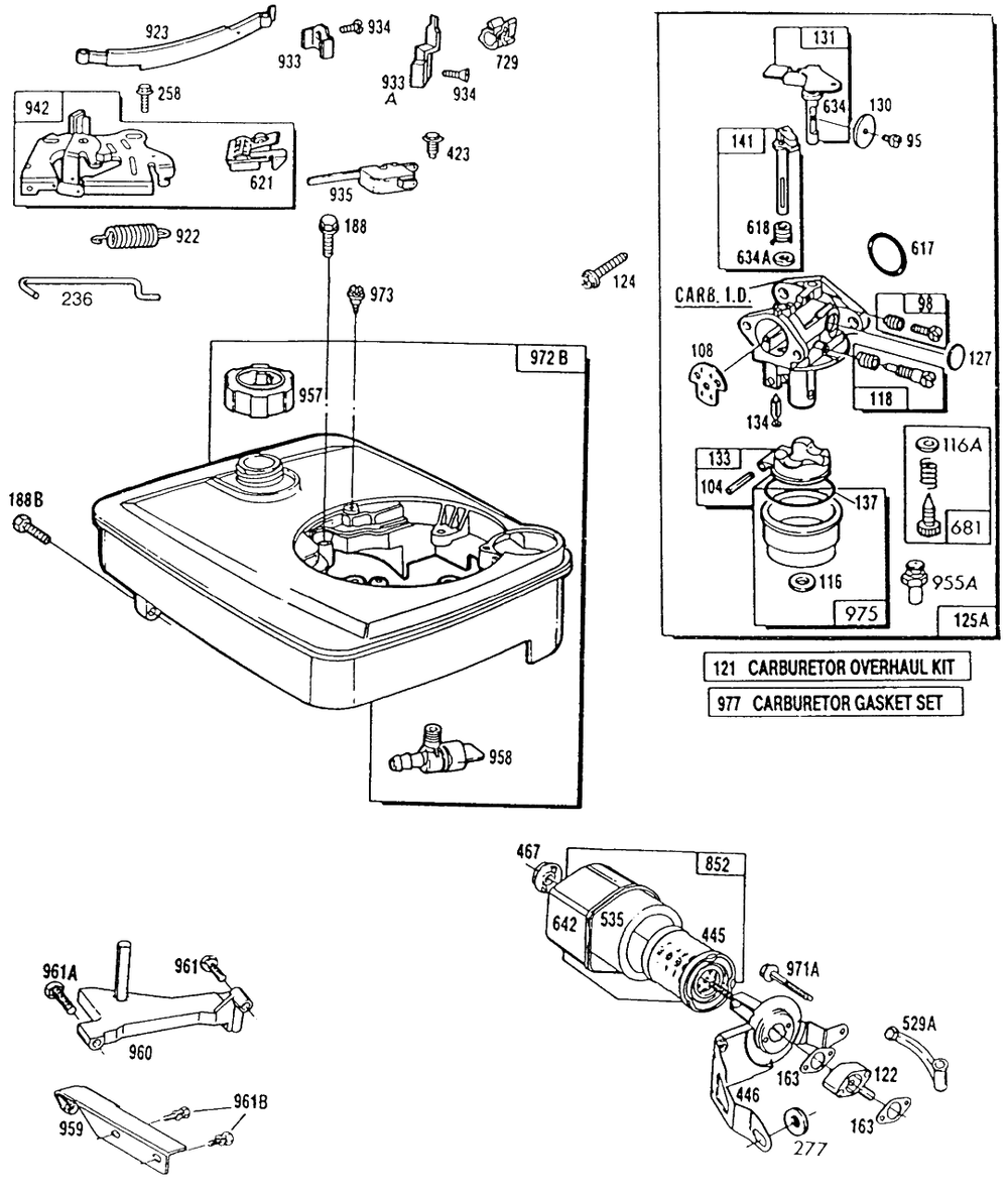 Carburetor, Fuel Tank,brake Diagram and Parts List for 111707-3052-XX  Briggs and Stratton Engine